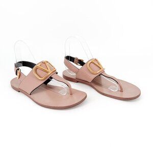 Valentino Garavani Vlogo Beige Leather T-Strap Flat Sandals Size 38 US 8 Women's